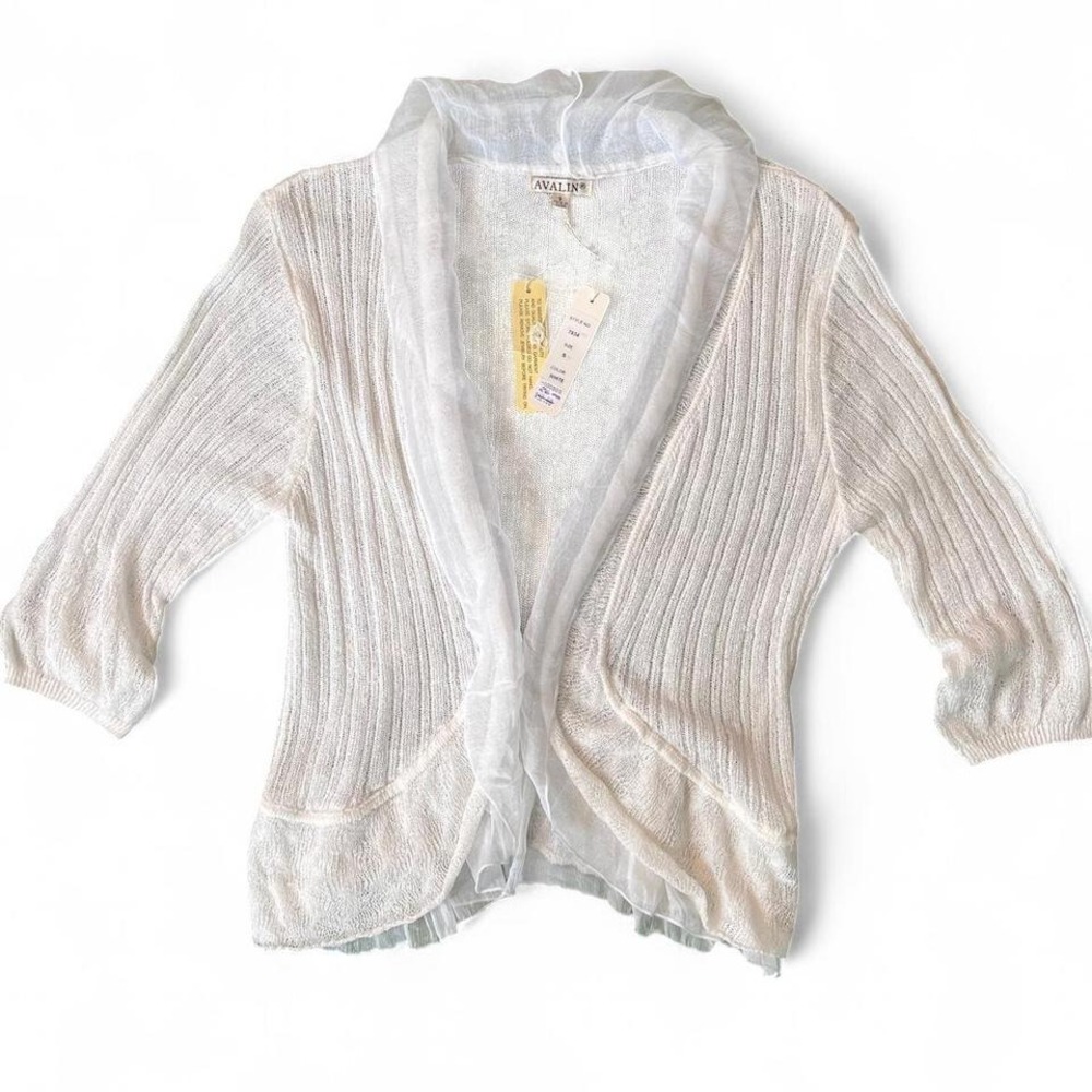 Avalin white crochet knit cardigan with ruffles and sheer lace womens Size S NWT